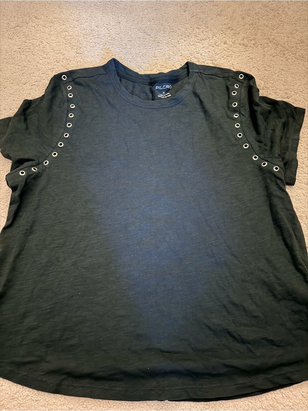 Pilcro Black Short Sleeve Tee with Silver Eyelet Accents